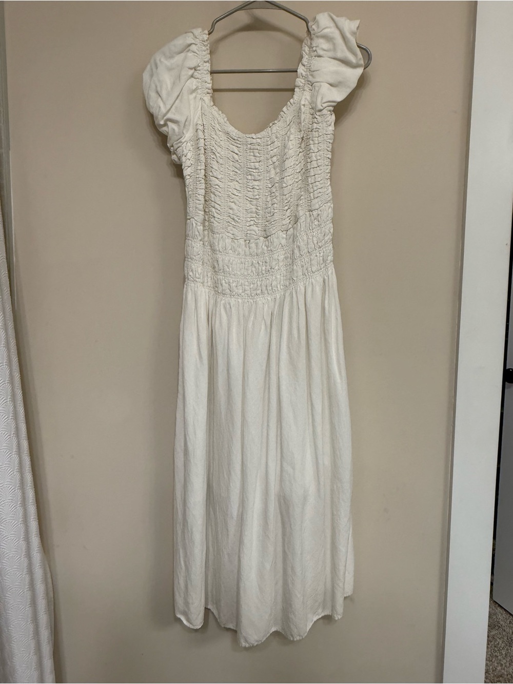 Smocked Puff-Sleeve Midi Dress in Cream
